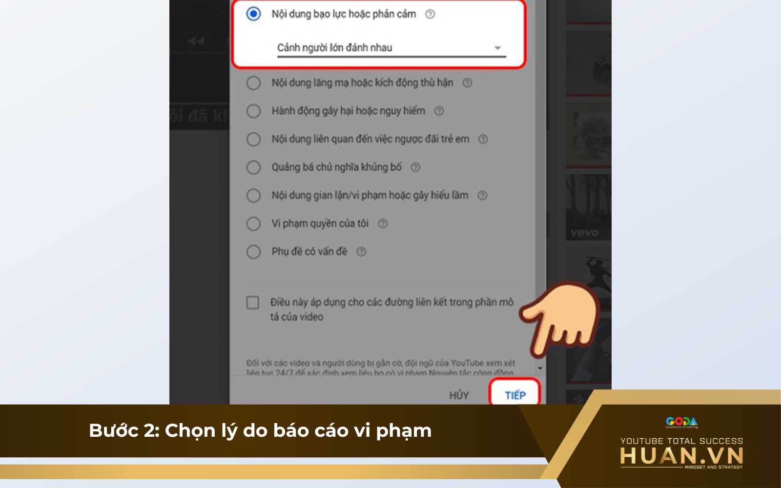 report-kenh-youtube-bang-may-tinh-b2-chon-ly-do-bao-cao Bước 2 của cách báo cáo vi phạm YouTube trên máy tính: Chọn lý do để gửi báo cáo vi phạm bản quyền YouTube