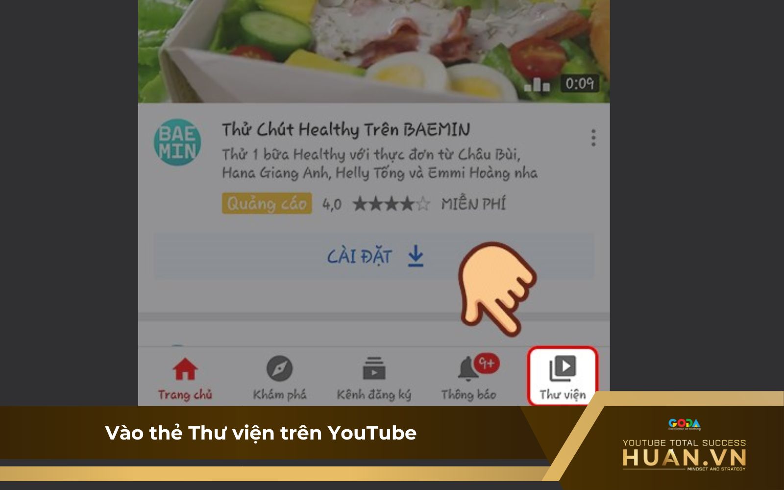 Sửa playlist trên thẻ Thư viện - B1: Chọn thẻ “Thư viện” trong YouTube