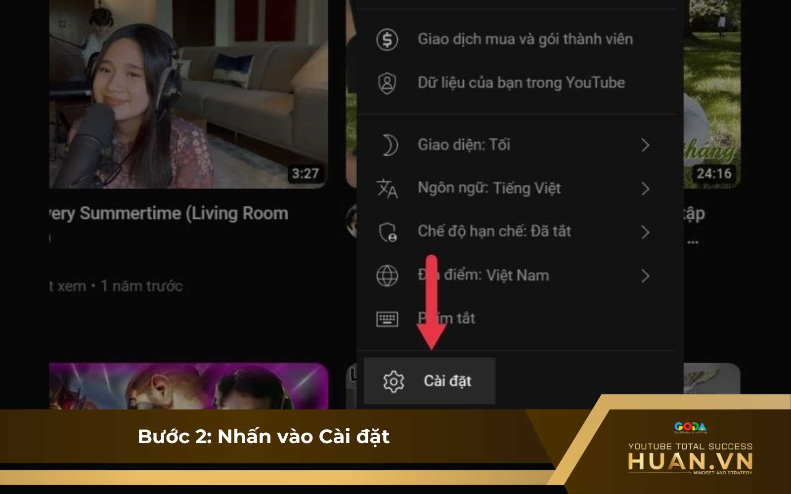 Tạo kênh YouTube thương hiệu - B1: Nhấn vào Cài đặt