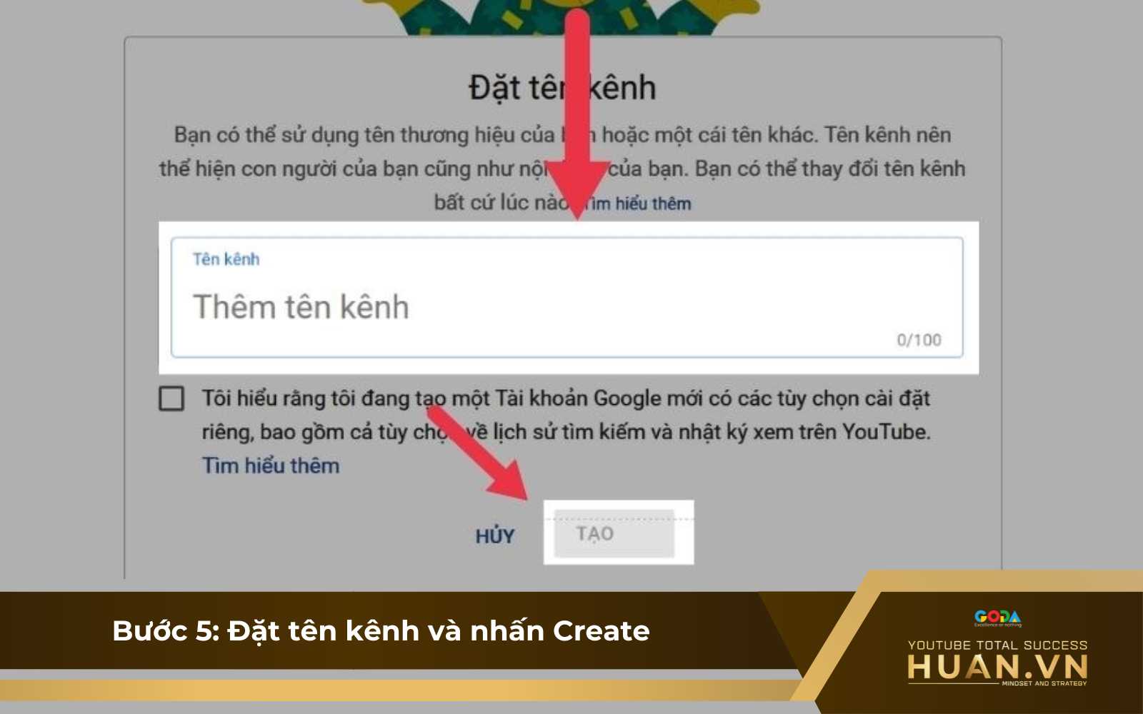 Tạo kênh YouTube thương hiệu - B5: Đặt tên kênh và nhấn Create