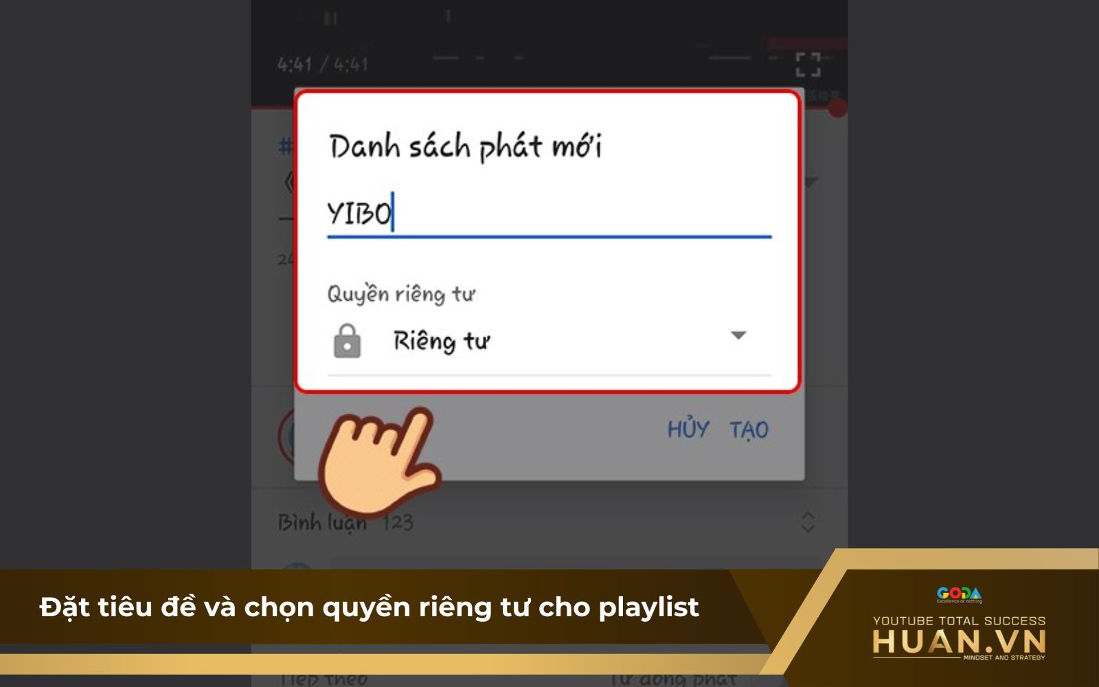 Cách tạo danh sách phát YouTube trên điện thoại - B4: Thiết lập tiêu đề, quyền riêng tư 