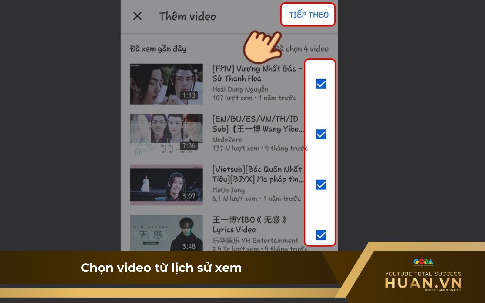 Tạo playlist trên Thư viện - B3: Chọn các video đã xem từ lịch sử để thêm vào danh sách phát