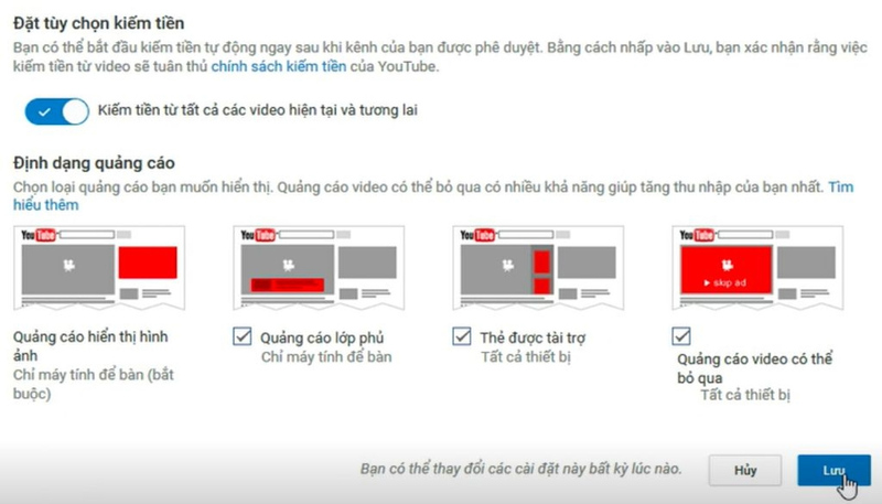 Cài đặt vị trí quảng cáo youtube