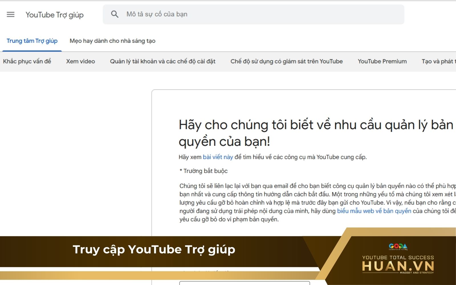 Bước 5: Truy cập YouTube trợ giúp, tìm 'Đăng ký bản quyền