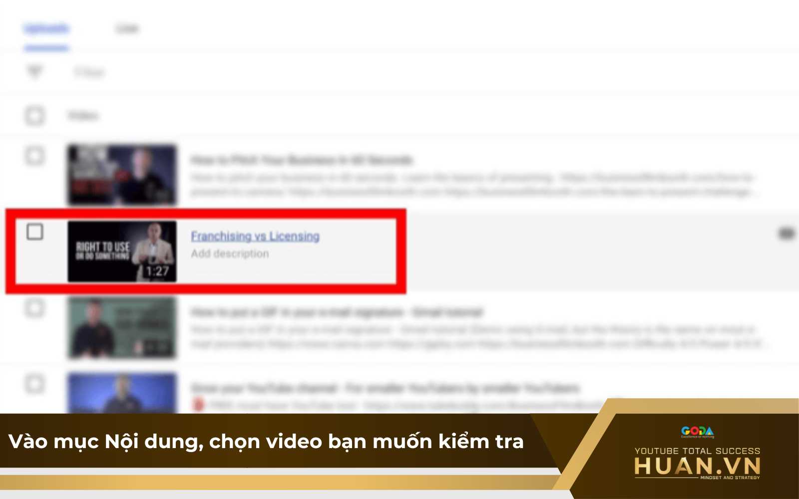 vao-muc-noi-dung-de-chon-video-can-kiem-tra-ctr Trong YouTube Studio, vào mục Nội dung và chọn video mà bạn muốn kiểm tra