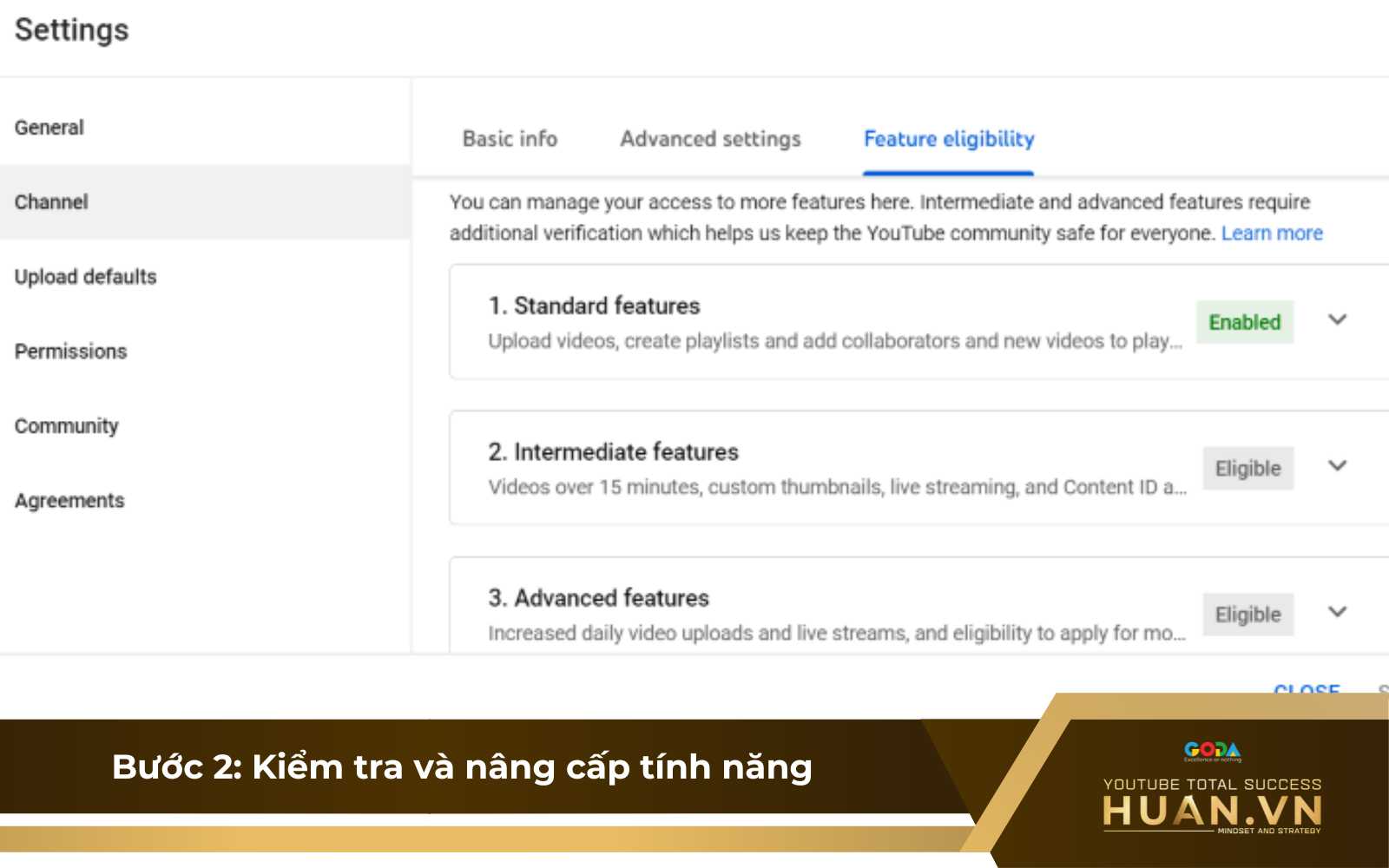 B2: Lựa chọn nhóm tính năng phù hợp để kích hoạt tài khoản YouTube