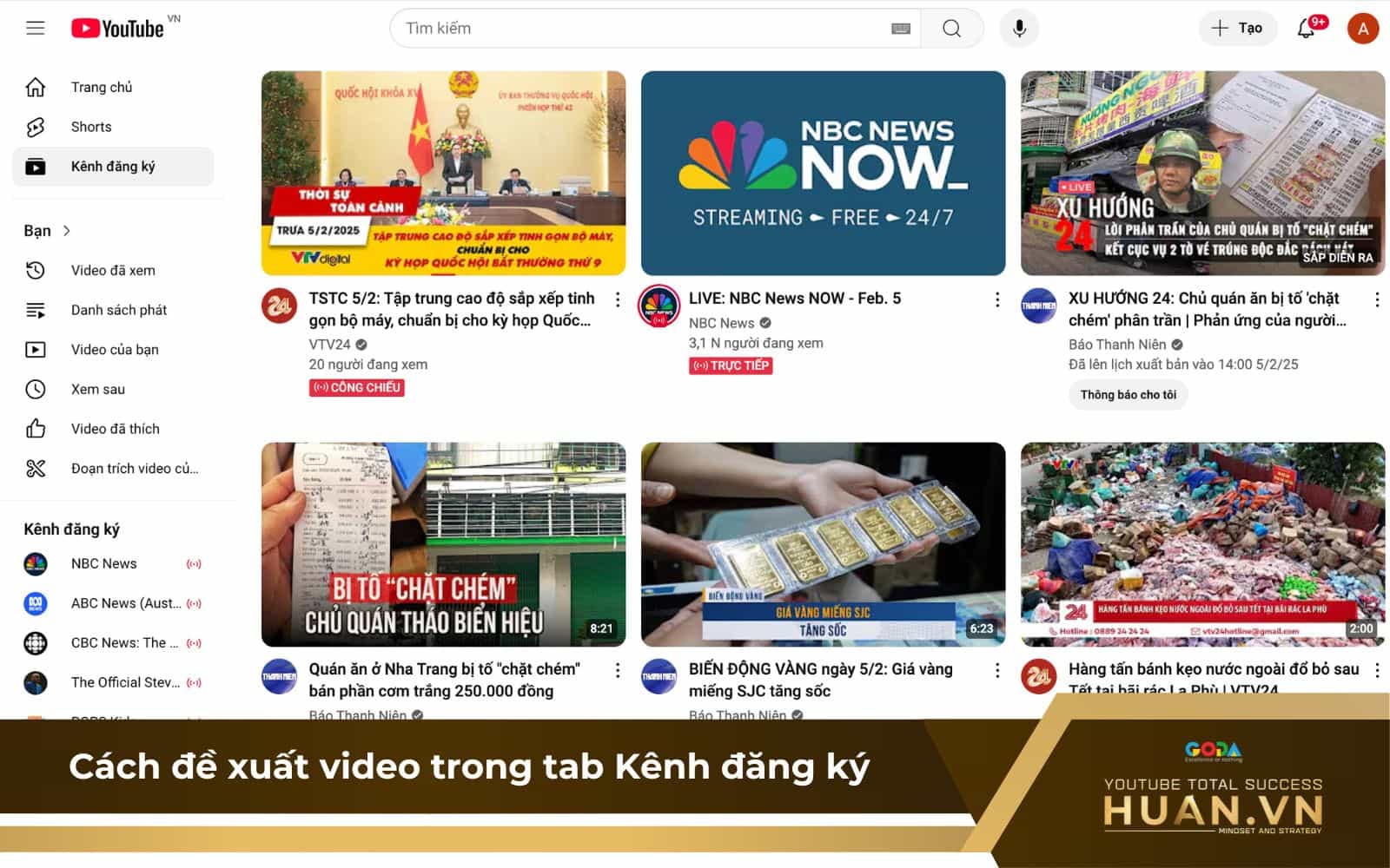 YouTube xếp hạng video trong tab Kênh đăng ký